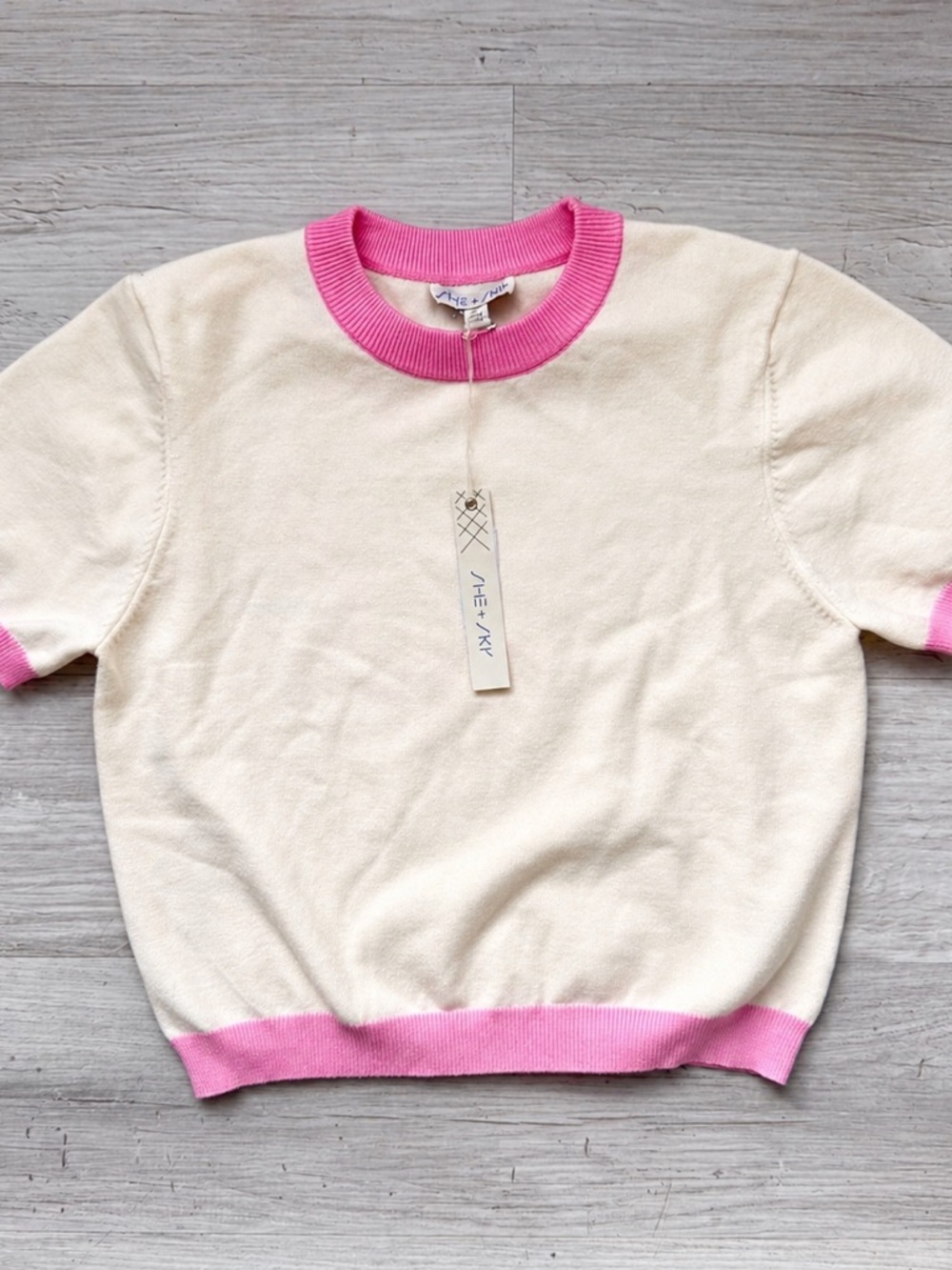 She + Sky Cream Short-Sleeve Ringer Sweater with Pink Trim